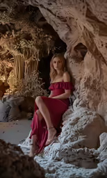 a beautiful woman in a red dress sitting in front of a rock