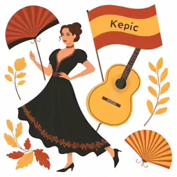 an image of a woman holding a ukulene and a flag