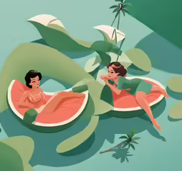 two women floating down a large leaf covered river