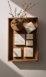 a tray of white marble, squares and a potted plant