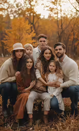 a family with four children in a field at sunset