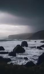 a small wave crashes on a rocky shoreline