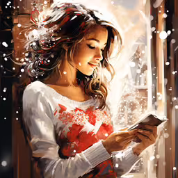 painting of girl looking at phone in window,a woman standing in front of a window and texting on a phone