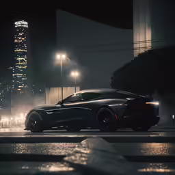 the car is driving on the wet road