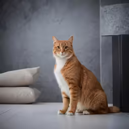 an orange cat sitting on the floor next to pillows
