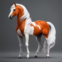 a white and brown horse with an orange mane