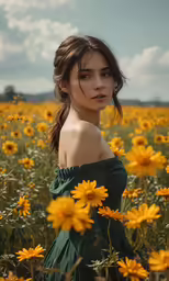 a girl in a field of sunflowers with the sky