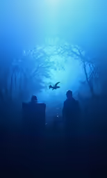 the silhouette of a man in front of an empty stage with birds hovering overhead