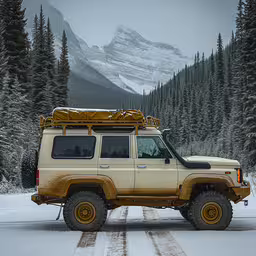 a car parked on the side of a road next to trees,a yellow off road vehicle parked in front of a mountain
