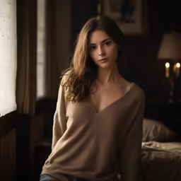 the woman is posing near the window with her hands in her pockets