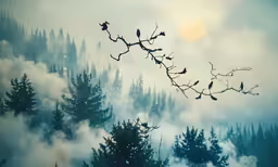 foggy sky and low hanging trees with full sun