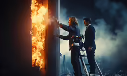 a couple of men standing on a ladder in front of a large bonfire