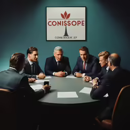 four men sitting around a table with papers on them