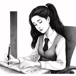a girl is at her desk working on her homework