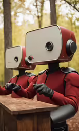 two robotic people in red costumes with head phones