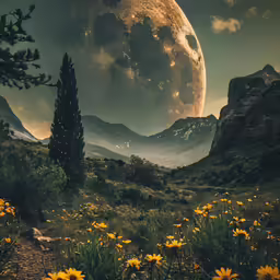 a beautiful scenery with flowers, trees and a moon over mountains