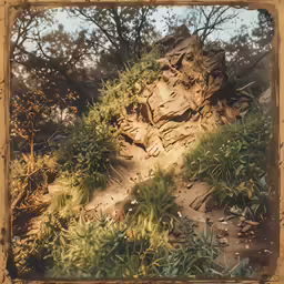 a small photo of a rocky outcrop on top of a hill