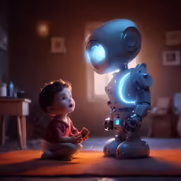 a boy and his robot looking at each other