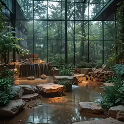 an indoor garden with a waterfall in the middle