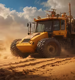a big truck moving over dirt on a cloudy day,there is a large vehicle that looks like it