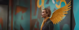 a woman in business attire with wings against a colorful wall