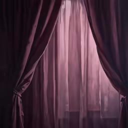 a window covered with purple sheer curtains