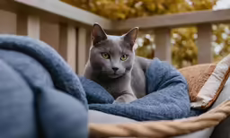 a gray cat laying on top of a blanket