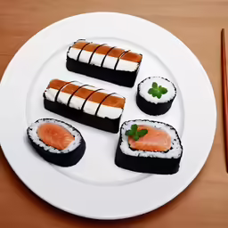 this plate has several sushi with chopsticks on it
