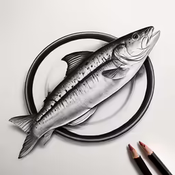 a fish drawn in black and white on top of a paper