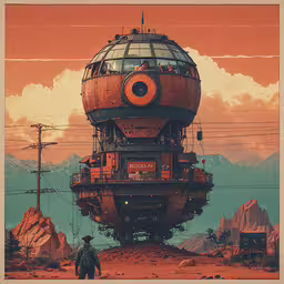 the big orange structure sits in front of some mountains,a surreal painting of an industrial train station