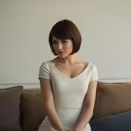 a young lady is wearing a white dress and sits on a brown sofa
