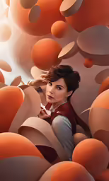 an advertisement featuring a woman standing amongst an array of round objects