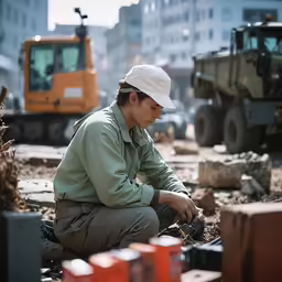 the woman is crouched down by many pieces of equipment