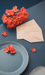 a blue table topped with paper plates and flowers