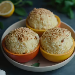 three small oranges are in the bowls with rice