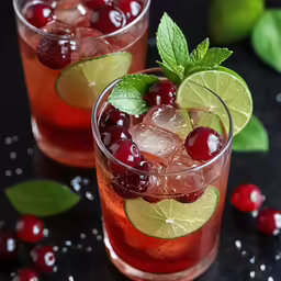 a glass filled with soda and ice, garnished with fruit