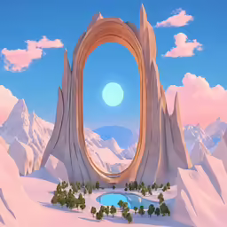 a painting of an arch in the desert