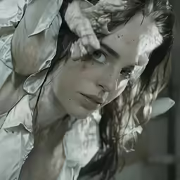 a woman with an unshaven frilly shirt on