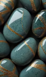 green and gold painted rocks are arranged with gold glitter