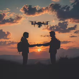 two people holding hands on the top of a hill with a plane flying in the air