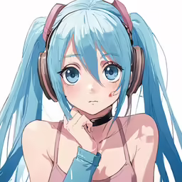 the girl with blue hair has headphones on her face