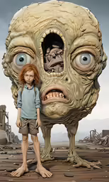 a young girl is standing next to a giant creature