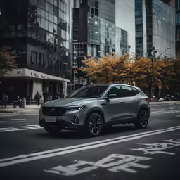 an suv driving down a city street in front of tall buildings