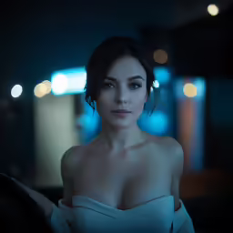a woman wearing a strapless top with short hair