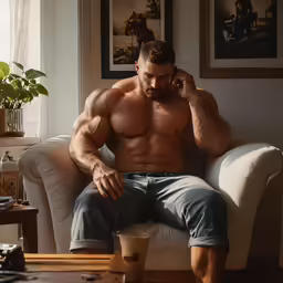 man in jeans talking on his phone while holding a cup of coffee