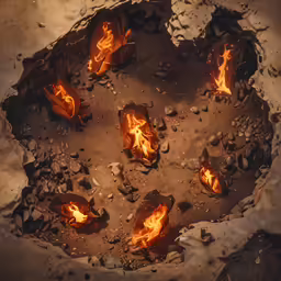 the flames of different types and shapes light up the barren landscape