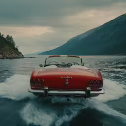 an old red convertible car speeds through the water