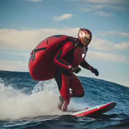 a man on a surfboard in a red suit