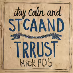 a sign with the words stay calm and stoand trust nick pos