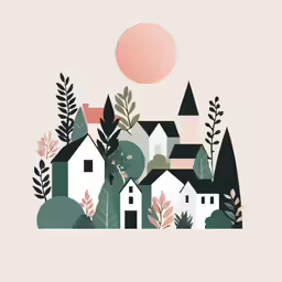a landscape is featured with houses and trees